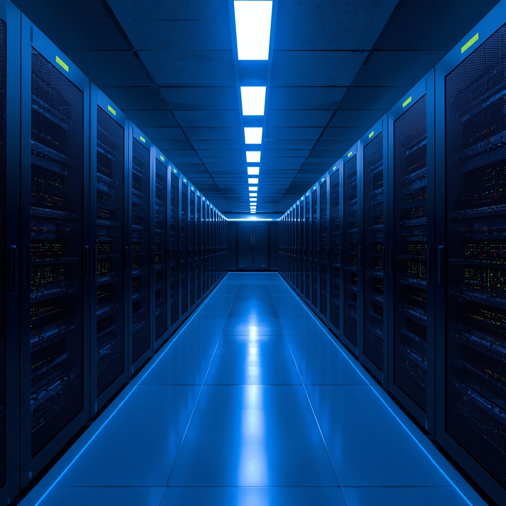 Modern server room with rows of high-performance computer servers and blue LED lighting representing reliable digital infrastructure